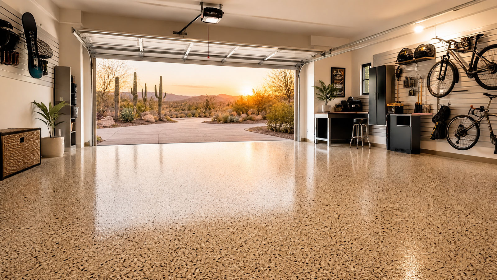 Warm, inviting residential garage with a professionally installed decorative flake floor coating
