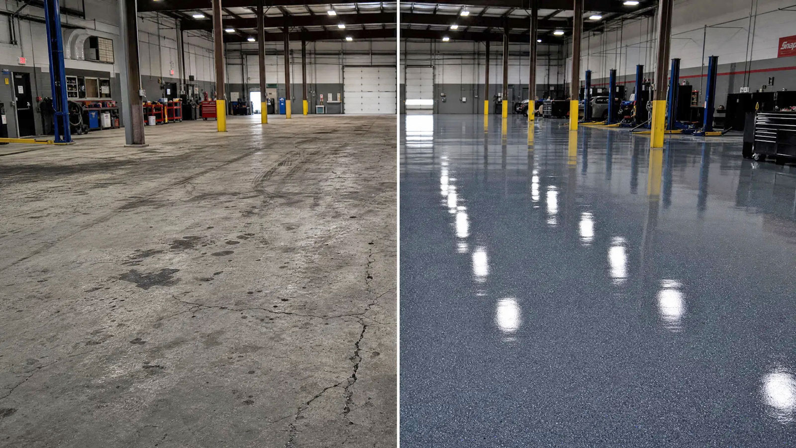 Commercial floor coating before and after — auto shop in Oro Valley AZ